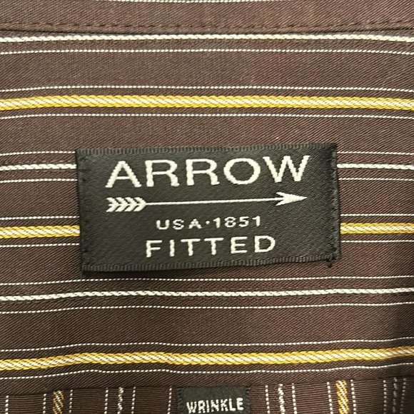Arrow Casual Striped Dress Shirt Fitted Wrinkle Free Brown Tan - Picture 9 of 17